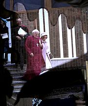 Michael Ramsey and Princess Alexandra on the chapel steps on 6 May 1965 Church Army Chapel opening 1965.jpg