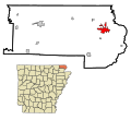 This map shows the incorporated and unincorporated areas in Clay County, Arkansas, highlighting Piggott in red. It was created with a custom script with US Census Bureau data and modified with Inkscape.