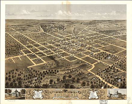 An aerial depiction of Columbia's downtown district in 1869. The large building on the right is University of Missouri Academic Hall.