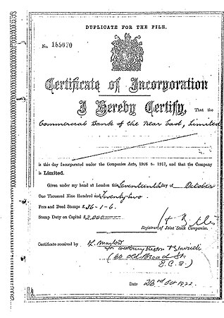 Certificate of incorporation - 1922.