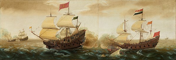 A Spanish galleon (left) firing its cannons at a Dutch warship (right). Cornelis Verbeeck, c. 1618–1620