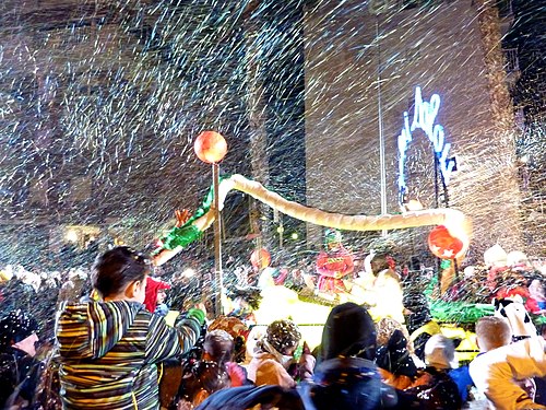 Tons of confetti during the Carnival parade "El coso blanco" in Salou, Spain