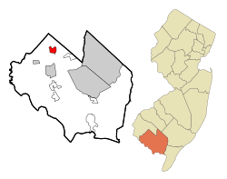 Karte der Seabrook Farms in Cumberland County. Rechts: Lage von Cumberland County in New Jersey.