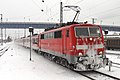 * Nomination DB AG, electric engine of series 111 in traffic red/ light gray with snowy front pulling modus cars entering Aschaffenburg central station. --KaiBorgeest 21:16, 3 April 2016 (UTC) * Promotion What camera did you use? it is a pretty small size for an easy to take photo; can you upload a higher resolution? Also please remove the reddish frings. --Cccefalon 04:06, 4 April 2016 (UTC) It's a detail chosen out of a bigger photo. Which reddish frings?--KaiBorgeest 20:48, 5 April 2016 (UTC)  Done New, fixed version uploaded. (unsigned) weak  Support Please sign your comments. --Cccefalon 05:28, 10 April 2016 (UTC)