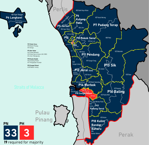 Results of the 2023 Kedah state election by party DUN Kedah 2023 by party.svg