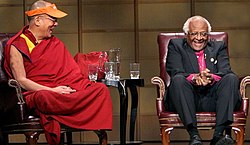 Tutu with the Dalai Lama, both Nobel Peace Prize laureates, in Vancouver, British Columbia, in 2004