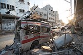 The remains of an ambulance vehicle in the Gaza Strip, destroyed during the 2014 Gaza War. The story of Liyla is based on actual events that occurred during the conflict. Destroyed ambulance in the CIty of Shijaiyah in the Gaza Strip.jpg