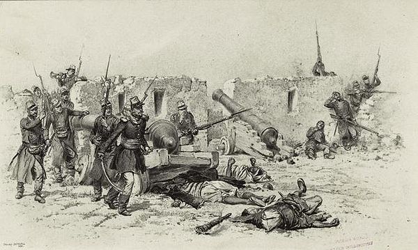 An illustration of troops of the Infanterie Légère d'Afrique storming a fortification in 1833
