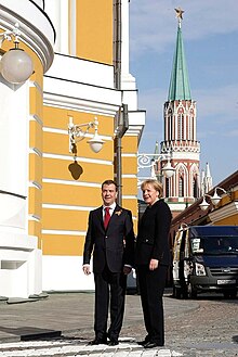 Dmitry Medvedev greeting Merkel prior to the 2010 Moscow Victory Day Parade. Dmitry Medvedev greetings 9 May 2010-3.jpeg