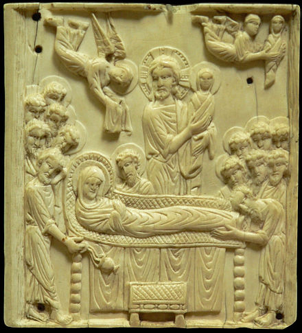Dormition of the Mother of God 10th c. ivory plaque, Cluny