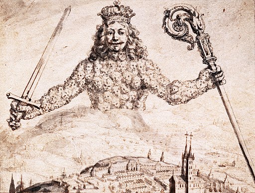 Drawing of frontispiece of Thomas Hobbes's Leviathan. Public domain.