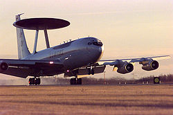 USAF E-3 Sentry airborne warning and control system (AWACS) lands at Cold Lake, Canada.