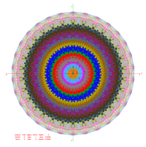 The projection of 241 to the E8 Coxeter plane (aka. the Petrie projection) with polytope radius
2
2
{\displaystyle 2{\sqrt {2}}}
and 69120 edges of length
2
2
{\displaystyle 2{\sqrt {2}}} E8 241 Petrie Projection.png