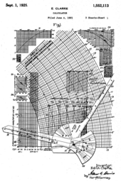 Patent image of the Clarke graph-based calculator, 1921 EdithClarkeCalculatorUSPatentDrawing.png