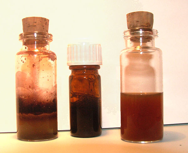 Homemade ink. On left, a solution of iron (from nails) and vinegar. On right, oak extraction. The two are mixed immediately prior to use to produce th