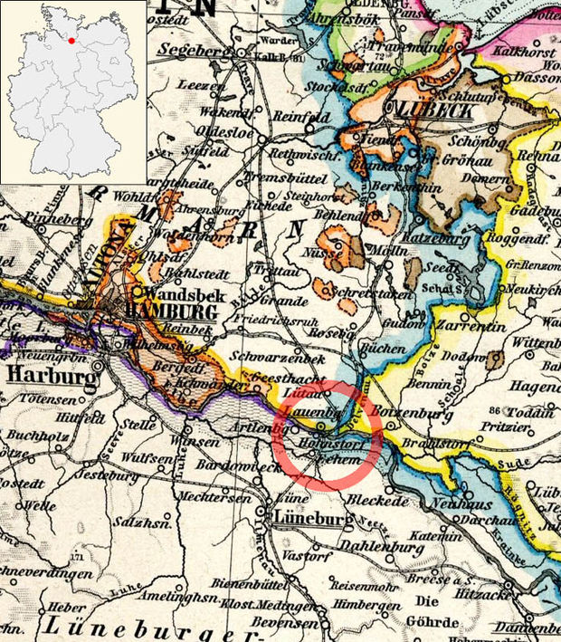 Railway link over the Elbe between Lauenburg and Hohnstorf (1891). Elbquerung Lauenburg-Hohnstorf Stielers Handatlas 1891.jpg