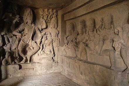 Nataraja–Shiva (left) with Virabhadra and the first three Matrikas. Matrikas are depicted with children – Ellora