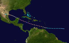 Мапа руху та інтенсивності урагану Емілі за шкалою Саффіра-Сімпсона.