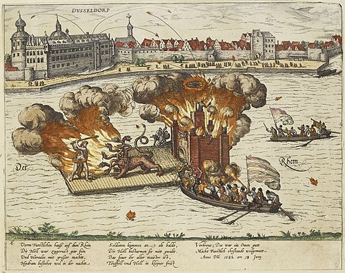 Spectacle on the Rhine: The deeds of Hercules with fireworks; in the background Düsseldorf Castle, picture from the aforementioned volume by Graminäus