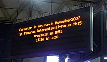 Eurostar relocated from Waterloo International station to London St Pancras International station in November 2007. Faster Tomorrow.jpg