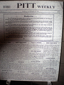 A display of a copy of the first edition of The Pitt News, then called The Pitt Weekly and published on September 26, 1910, was on display during homecoming festivities in 2010 in celebration of the newspaper's 100th year of publication FirstPittNews1910Sept26.jpg