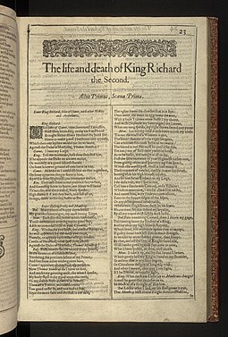 Title page of Shakespeare's Richard II, opening with the quarrel between Mowbray and Bolingbroke, from the 1623 First Folio. First Folio, Shakespeare - 0344.jpg