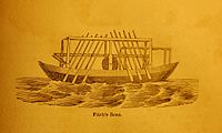 "Fitch's Boat". Woodcut of John Fitch's 1787 oar-propelled steamboat, from 1844 edition of Annals of Philadelphia. Fitch Steamboat-JSG.jpg