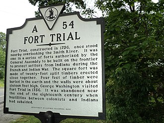 Virginia state historical marker for Fort Trial, built in 1756 near present-day Bassett Fort Trial historic marker Bassett vicinity Henry County Virginia.JPG