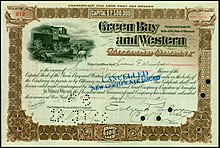 Share of the Green Bay and Western Railroad Company, issued 10. February 1920 Green Bay and Western RR 1920.jpg