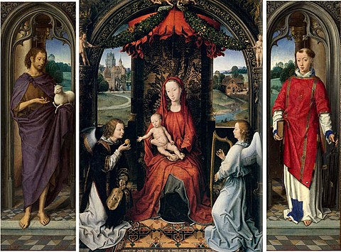 Pagagnotti Triptych, oil-on-panel, Hans Memling c. 1480, center, 57cm x 42cm; left, 57.5cm x 17.3cm; right, 57.5cm x 17.2cm Hans Memling triptic Pagagnotti.jpg