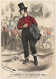 Moses Humphrey, a Bowery grocer, was the inspiration for Mose the Fireboy, the quintessential Bowery B'hoy folk hero Harvard Theatre Collection - Chanfrau as Mose, TS 939.5.3.jpg