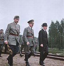 C.G.E. Mannerheim, Adolf Hitler and Risto Ryti in June 4th 1942 during Hitler's visit in Finland Hitler visit Finland 1942 Recolored.jpg