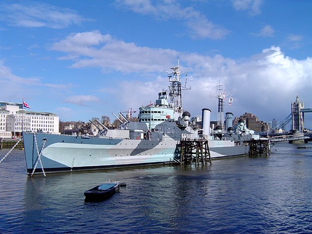 HMS Belfast moored by Tower Bridge