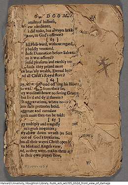 A fragmentary copy of the first edition of The Day of Doom, held at Houghton Library, Harvard University Houghton - AC6.W6395.662d, Wigglesworth, Michael. The Day of Doom.jpg