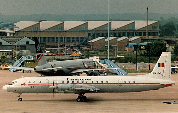 Ilyushin Il-18D of TAROM at Manchester Airport in 1988