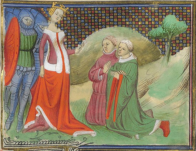 Queen Isabella with the captive Hugh Despenser the Elder and the Earl of Arundel. From a 15th-century manuscript.