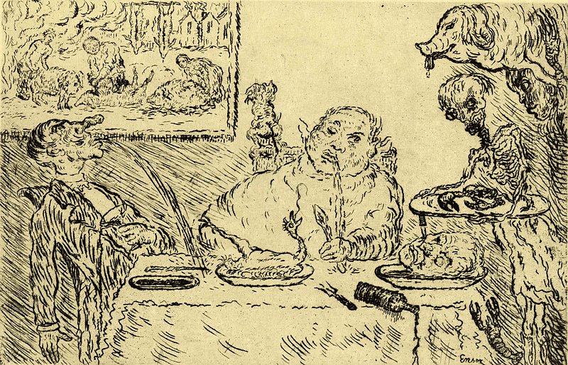 File:James Ensor, Seven Deadly Sins, Gluttony (1904) etching, 9.8 x 15 cm., Royal Library of Belgium, Brussels.jpg