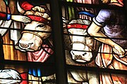 English: Detail of the stained-glass window number 28c in the Sint Janskerk at Gouda, Netherlands: "The rebuilding of the temple"