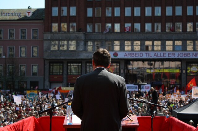 Stoltenberg speaks on International Workers' Day at Youngstorget in Oslo on 1 May 2009.