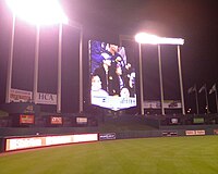 The new high-definition video board at Kauffman Stadium, installed in 2008. The stadium was under renovation while the season was still in progress. Kauffman Stadium - New Video Board.jpg