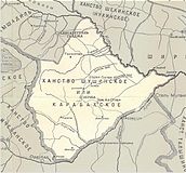 Goris (Geryusy) como parte do Karabakh Khanate em 1809-1817 com fronteiras sob o Tratado do Gulistan no mapa de 1902