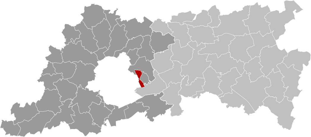 Localización de Kraainem en rojo, al Este de la Región de Bruselas-Capital, que aparece como el hueco en blanco