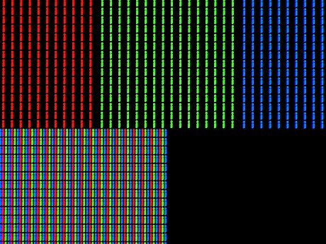 Powiększenie pikseli na wyświetlaczu ciekłokrystalicznym. Na górze kolory podstawowe – od lewej czerwony, zielony, niebieski. Na dole od lewej biały i czarny