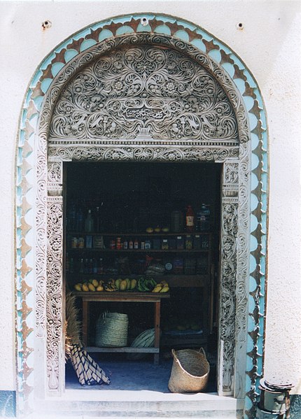 A traditional Swahili carved wooden door in Lamu