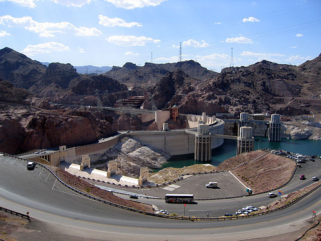 Looking north above old US 93 as it crosses over Hoover Dam into Nevada in 2005