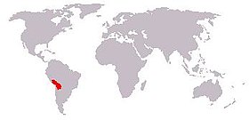 Bản đồ thế giới hiển thị phạm vi được đánh dấu bao gồm những nơi thuộc Peru và Bolivia