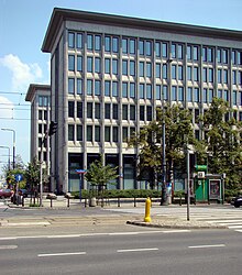 Former buildings of the Supreme Chamber of Control by Marek Leykam were constructed in 1947-1948. Leykam Marszalkowska building 06.jpg