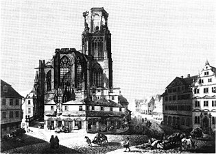 De beschadigde kerk kort voor de afbraak (circa 1800)