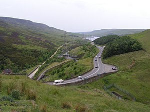 The view westward down Longdendale from above the Woodhead Tunnel, showing the Longdendale Trail (left) and A628 Woodhead Pass road Longdendale from Woodhead.jpg