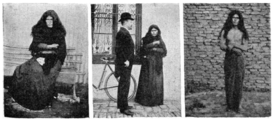 An indigenous "sexual invert"--presumably a Mapuche machi weye--detained in Viedma, Rio Negro, as reported by Caras y Caretas in 1902; shown dressed in female clothing (left), being inspected by a physician (center), and half-dressed in male clothing (right). Machi weye 1902.png